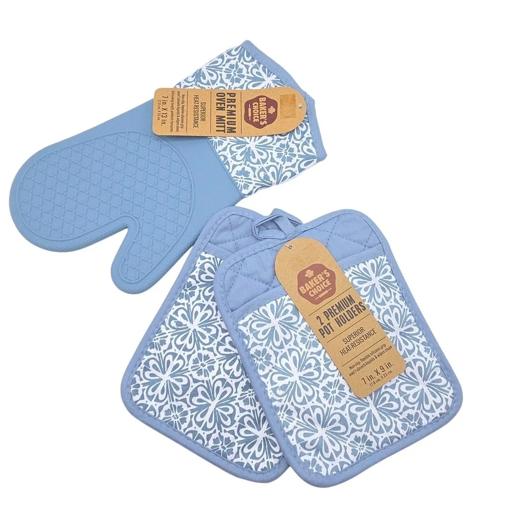 Bakers Choice‎ Blue Floral Cotton Silicone Pot Holder & Oven Mitt Set of 3 Piece